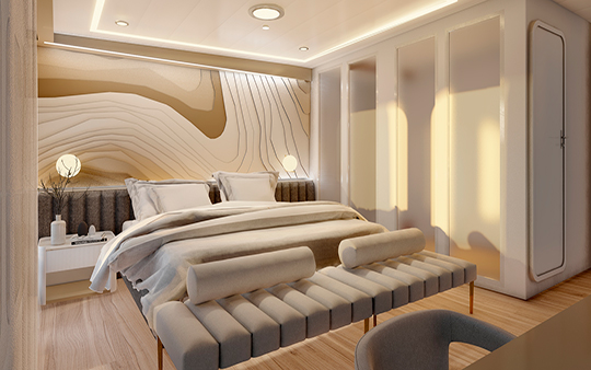 Spacious deluxe double cabin with relaxing lighting on the cruise to galapagos galaxy sirius catamaran